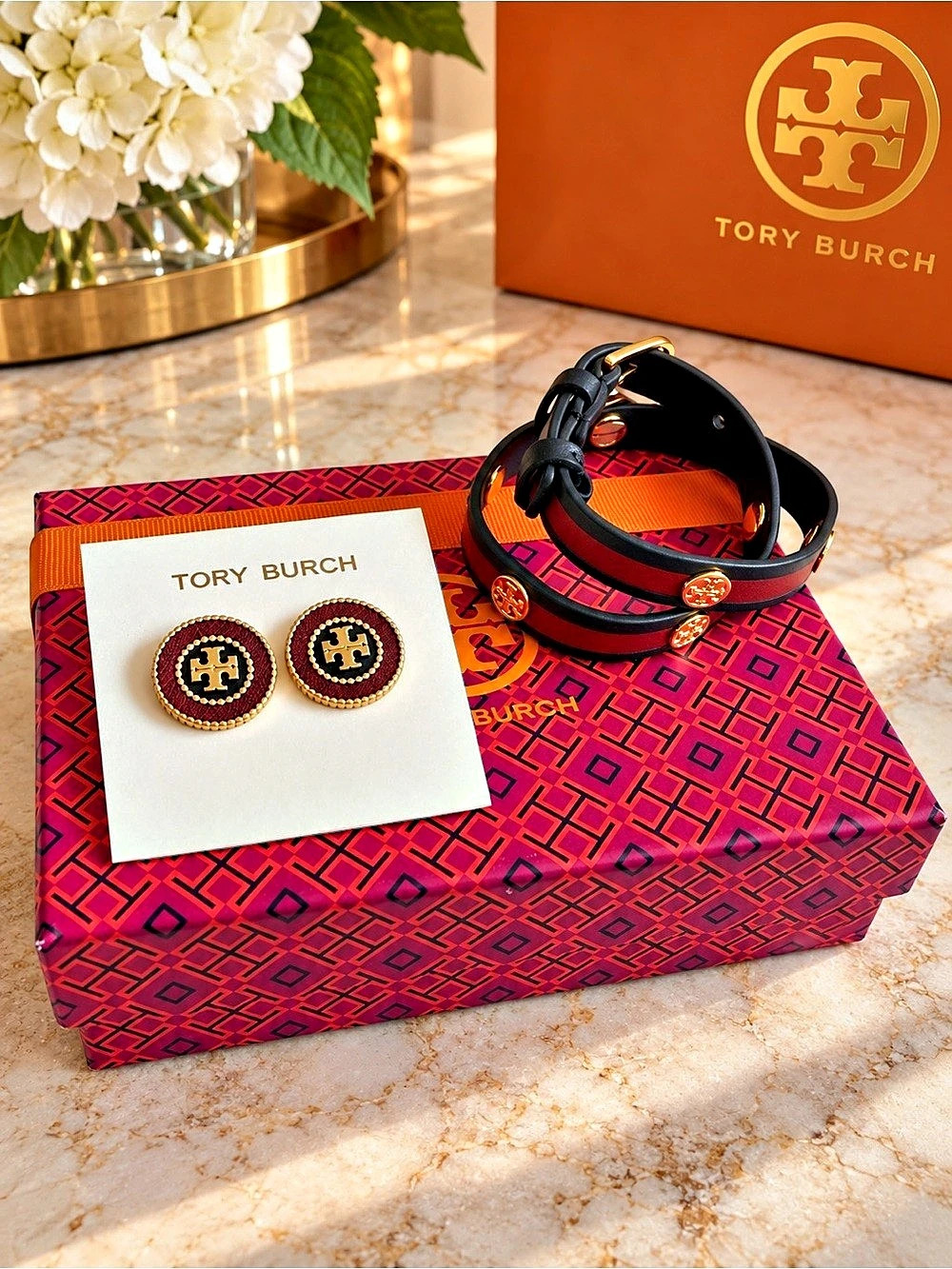 Tory Burch Logo Stud Earrings & Double Wrap Bracelet Set w/ Box